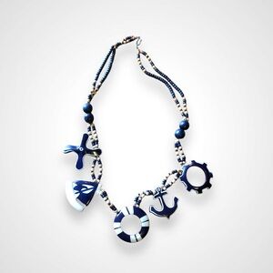 Vintage Nautical Anchor Sailboat Beach Whimsical Beaded Charm Necklace 80’s